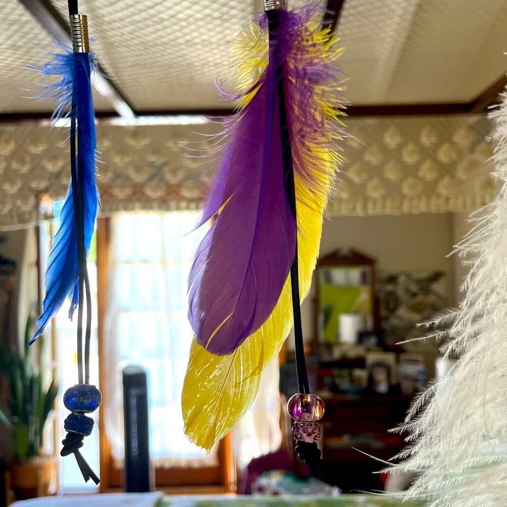 💜💛Hair or hat clip. Handmade. Beautiful Purple and Yellow Feathers.